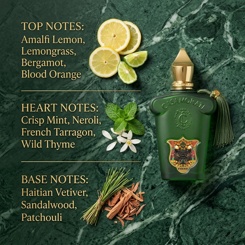 Xerjoff Casamorati Fiero Eau de Parfum - Luxury Editorial Fragrance Notes Infographic