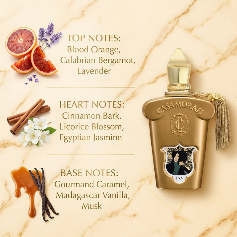 Xerjoff Casamorati Lira Eau de Parfum - Luxury Editorial Fragrance Notes Infographic