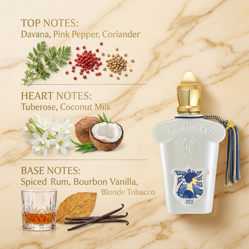 Xerjoff Casamorati Quattro Pizzi Eau de Parfum - Luxury Editorial Fragrance Notes Infographic