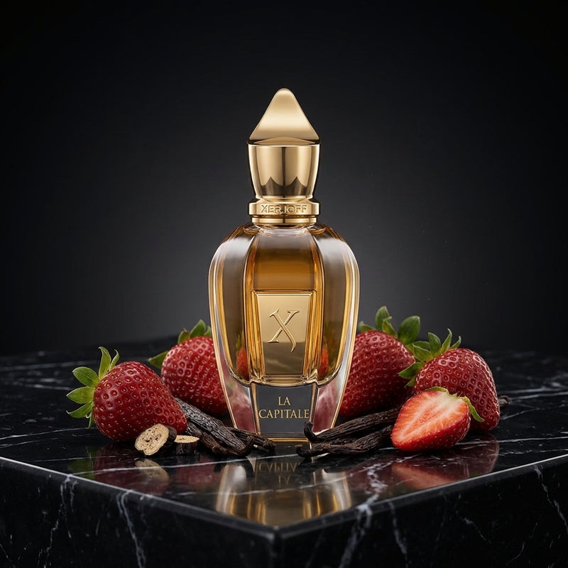 Xerjoff La Capitale Eau de Parfum - Luxury Editorial Hero Shot on Nero Marquina Marble