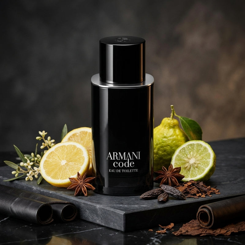 Giorgio Armani Code Eau de Toilette Luxury Editorial Hero Shot with Calabrian Bergamot, Star Anise and Roasted Tonka