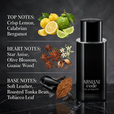 Giorgio Armani Code Olfactory Notes Breakdown: Crisp Lemon, Bergamot, Star Anise, Olive Blossom, Leather, Tonka Bean and Tobacco