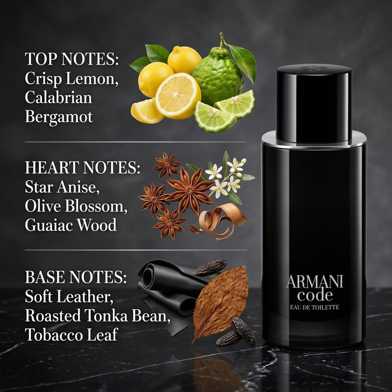 Giorgio Armani Code Olfactory Notes Breakdown: Crisp Lemon, Bergamot, Star Anise, Olive Blossom, Leather, Tonka Bean and Tobacco
