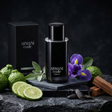 Giorgio Armani Code Parfum Luxury Editorial Hero Shot with Bergamot, Moroccan Iris and Cedarwood