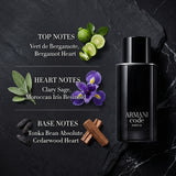 Giorgio Armani Code Parfum Olfactory Notes Breakdown: Vert de Bergamote, Clary Sage, Moroccan Iris, Tonka Bean Absolute and Cedarwood