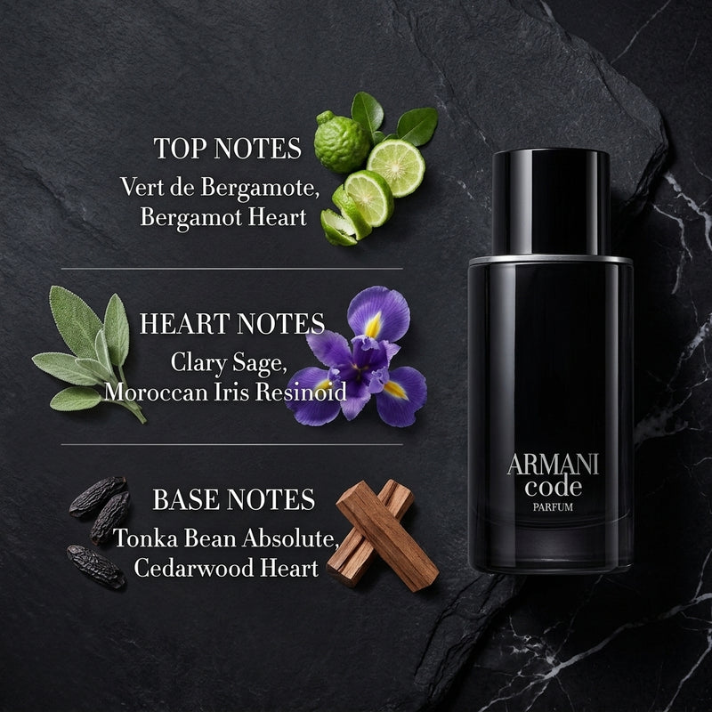 Giorgio Armani Code Parfum Olfactory Notes Breakdown: Vert de Bergamote, Clary Sage, Moroccan Iris, Tonka Bean Absolute and Cedarwood