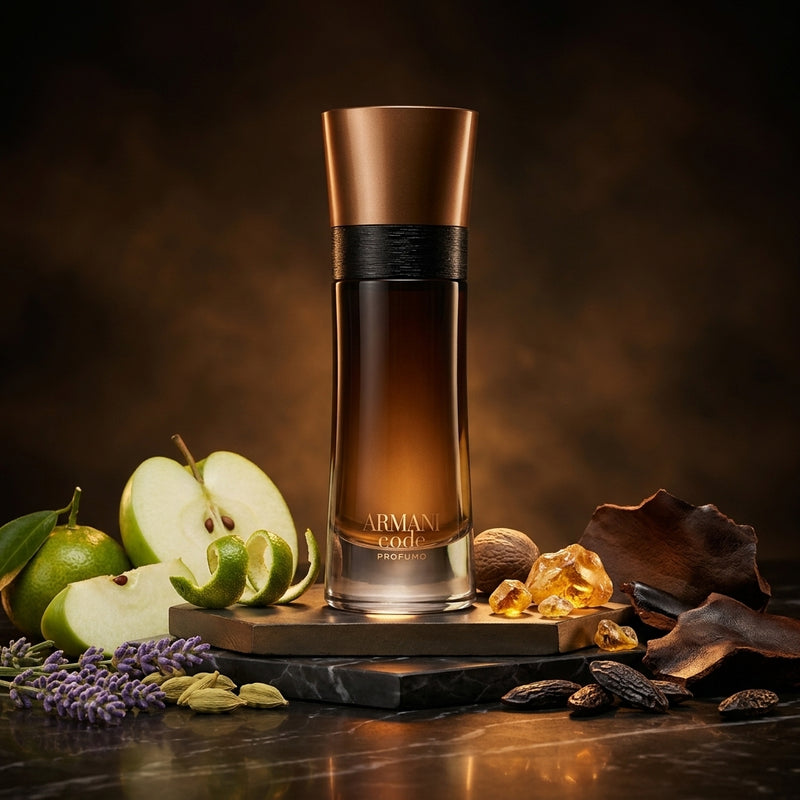 Giorgio Armani Code Profumo Parfum Luxury Editorial Hero Shot with Green Apple, Cardamom and Golden Amber