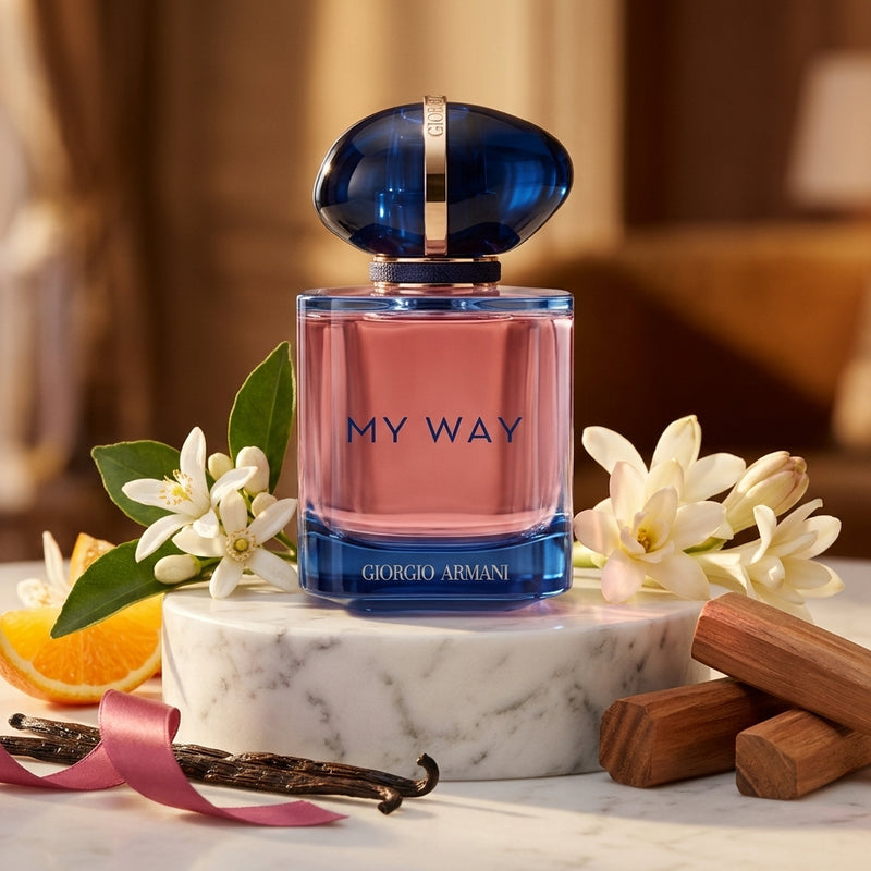 Giorgio Armani My Way Intense Eau de Parfum Luxury Editorial Hero Shot with Orange Blossoms, Indian Tuberose and Sandalwood