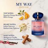 Giorgio Armani My Way Intense Olfactory Notes Pyramid Breakdown: Orange Blossom, Indian Tuberose, Madagascar Vanilla and Sandalwood
