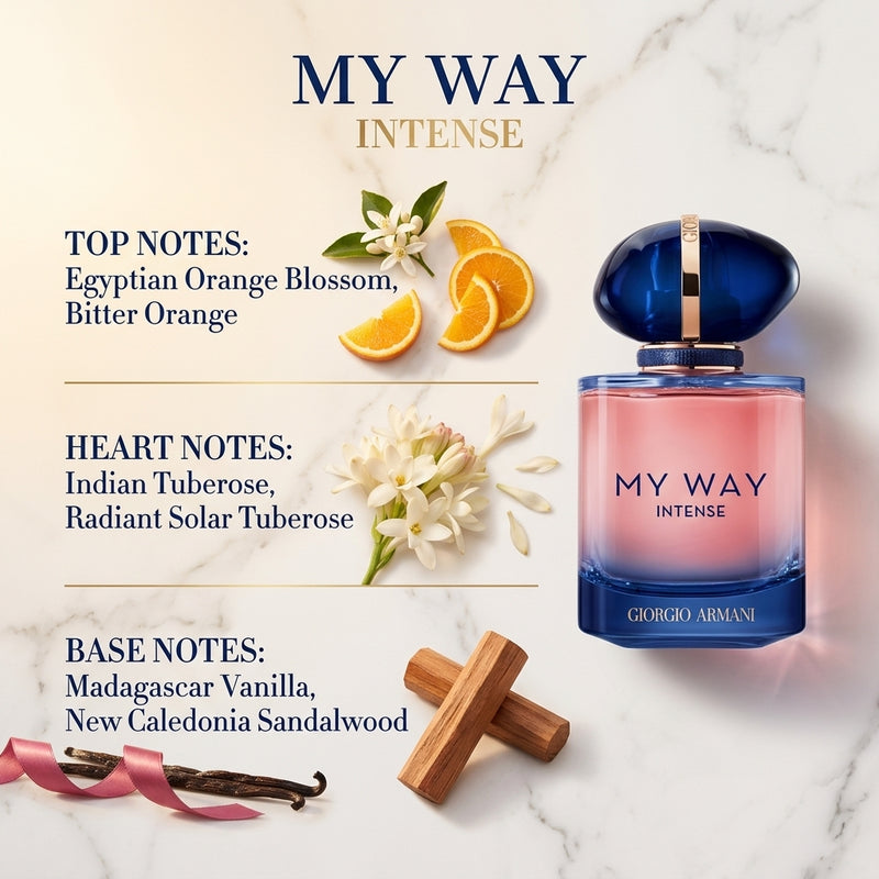 Giorgio Armani My Way Intense Olfactory Notes Pyramid Breakdown: Orange Blossom, Indian Tuberose, Madagascar Vanilla and Sandalwood