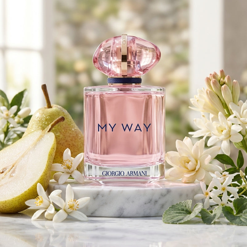 Giorgio Armani My Way Nectar Eau de Parfum Luxury Editorial Hero Shot with Sliced Pears, Orange Blossoms and Tuberose