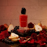 Giorgio Armani Si Passione Eau de Parfum Luxury Editorial Hero Shot with Red Roses, Pears and Blackcurrants