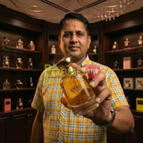 "Perfumes Stop owner holding a bottle of Bharara Beauty Amber Pour Femme EDP Spray 100ml."