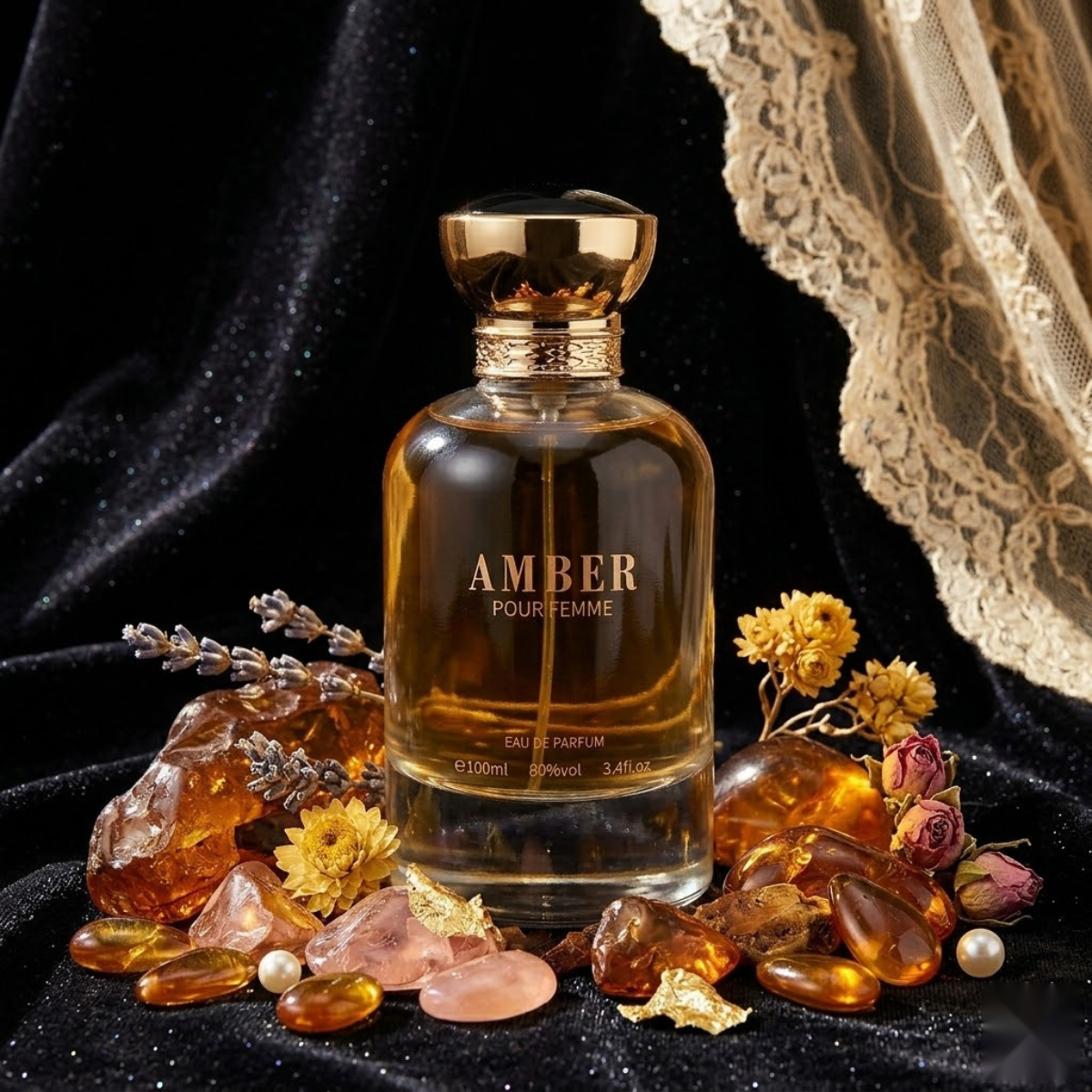 "Bharara Beauty Amber Pour Femme EDP Spray 100ml amber perfume bottle displayed with amber-colored decorative elements."