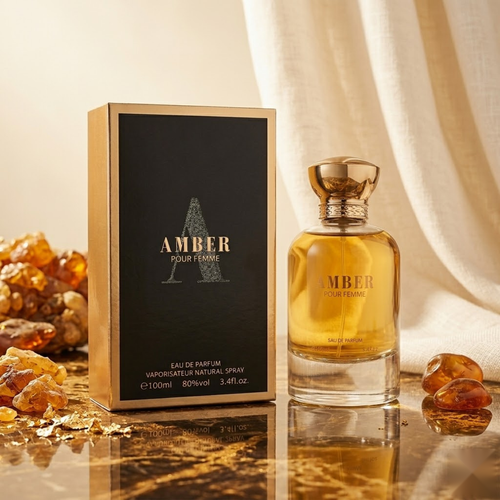 "Bharara Beauty Amber Pour Femme EDP Spray 100ml amber perfume bottle and black branded box."