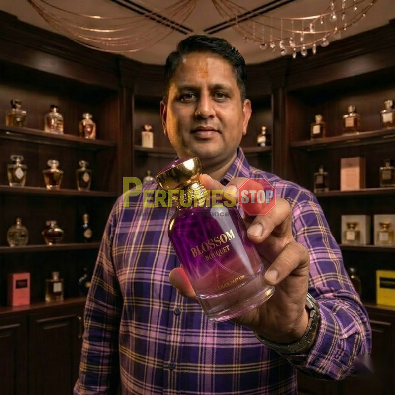 "Perfumes Stop owner holding a bottle of Bharara Beauty Blossom Bouquet for Women EDP Spray 100ml."