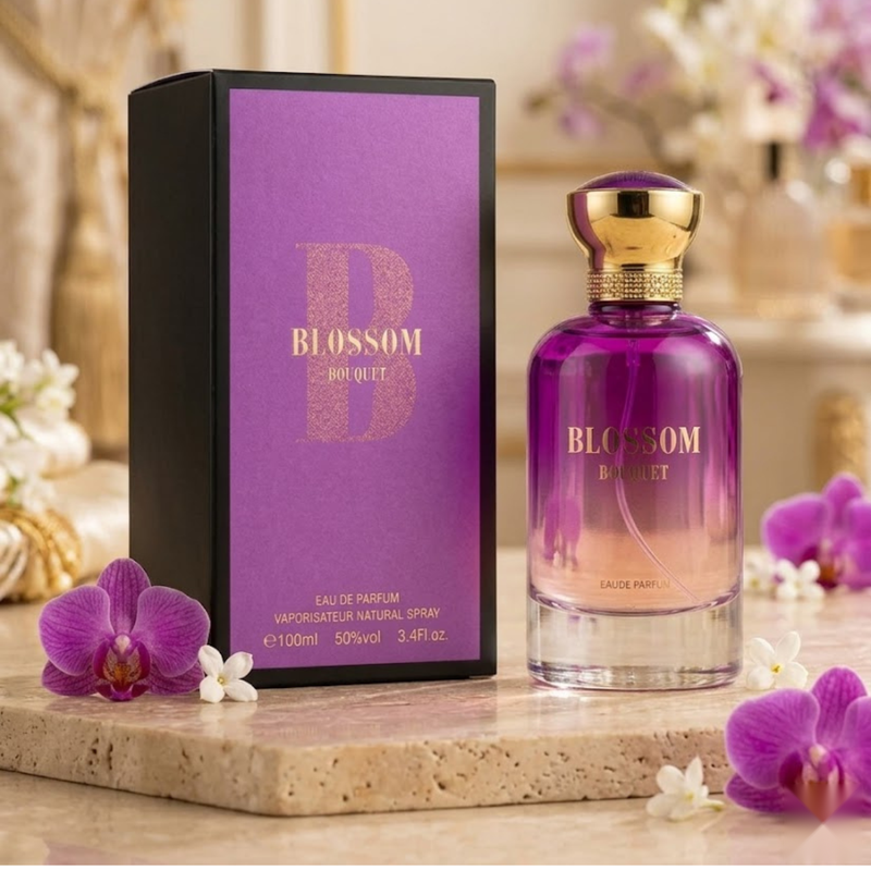 Bharara Beauty Blossom Bouquet for Women EDP Spray 100ml purple perfume bottle and branded box."