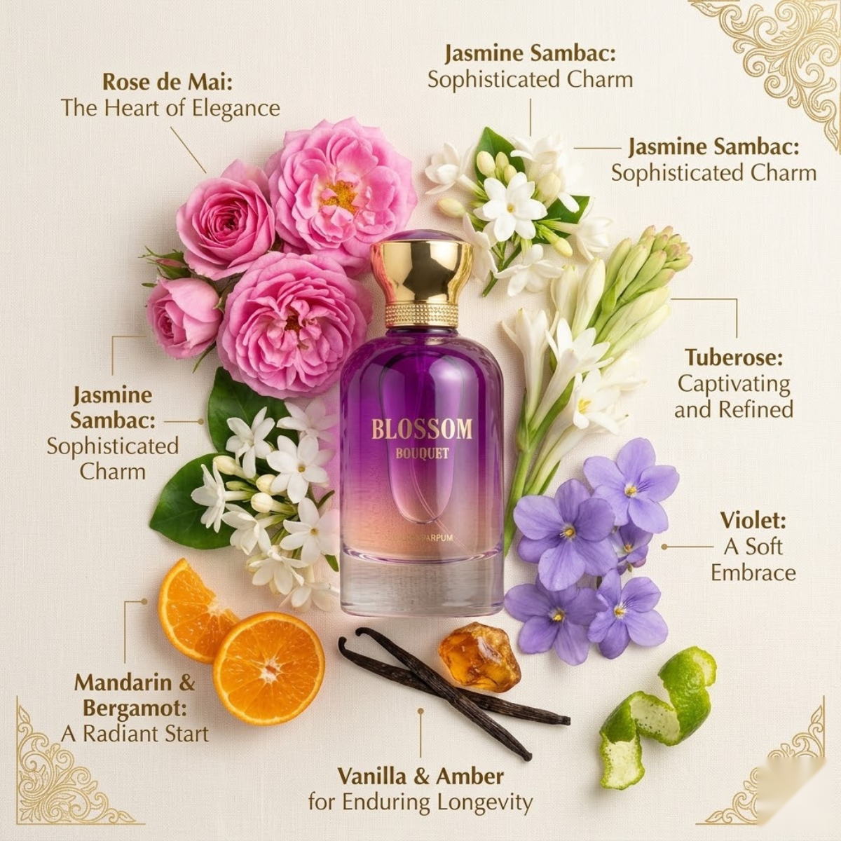 "Bharara Beauty Blossom Bouquet perfume bottle surrounded by pink and purple flowers and citrus fruits."