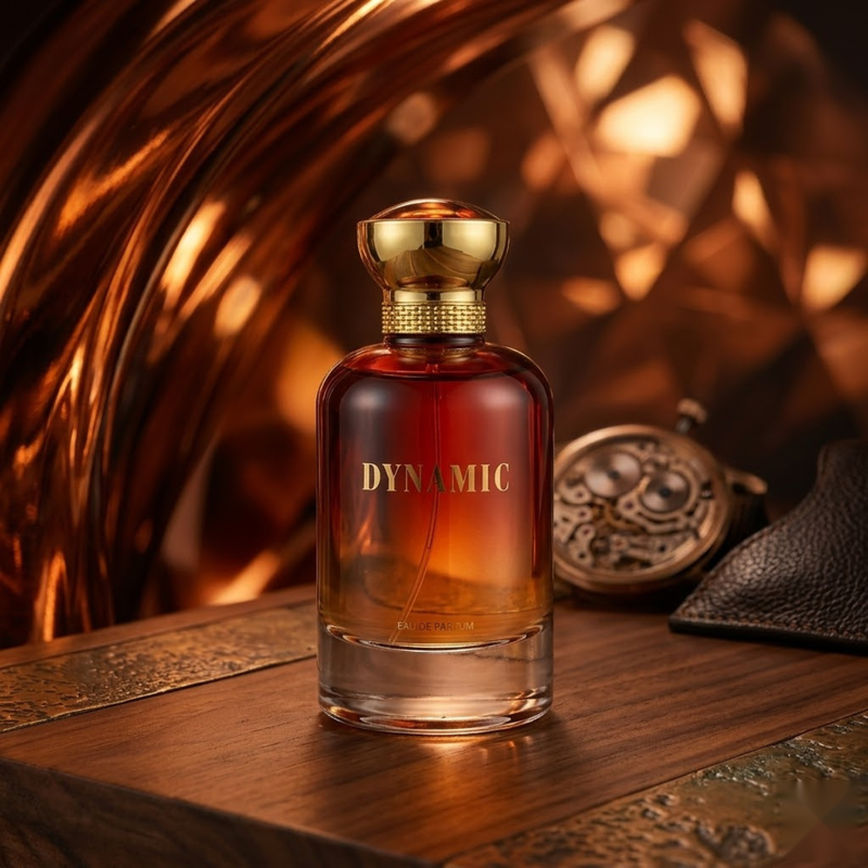 Bharara Beauty Dynamic EDP Spray 3.4oz / 100ml for Men perfume bottle displayed against a warm brown background."