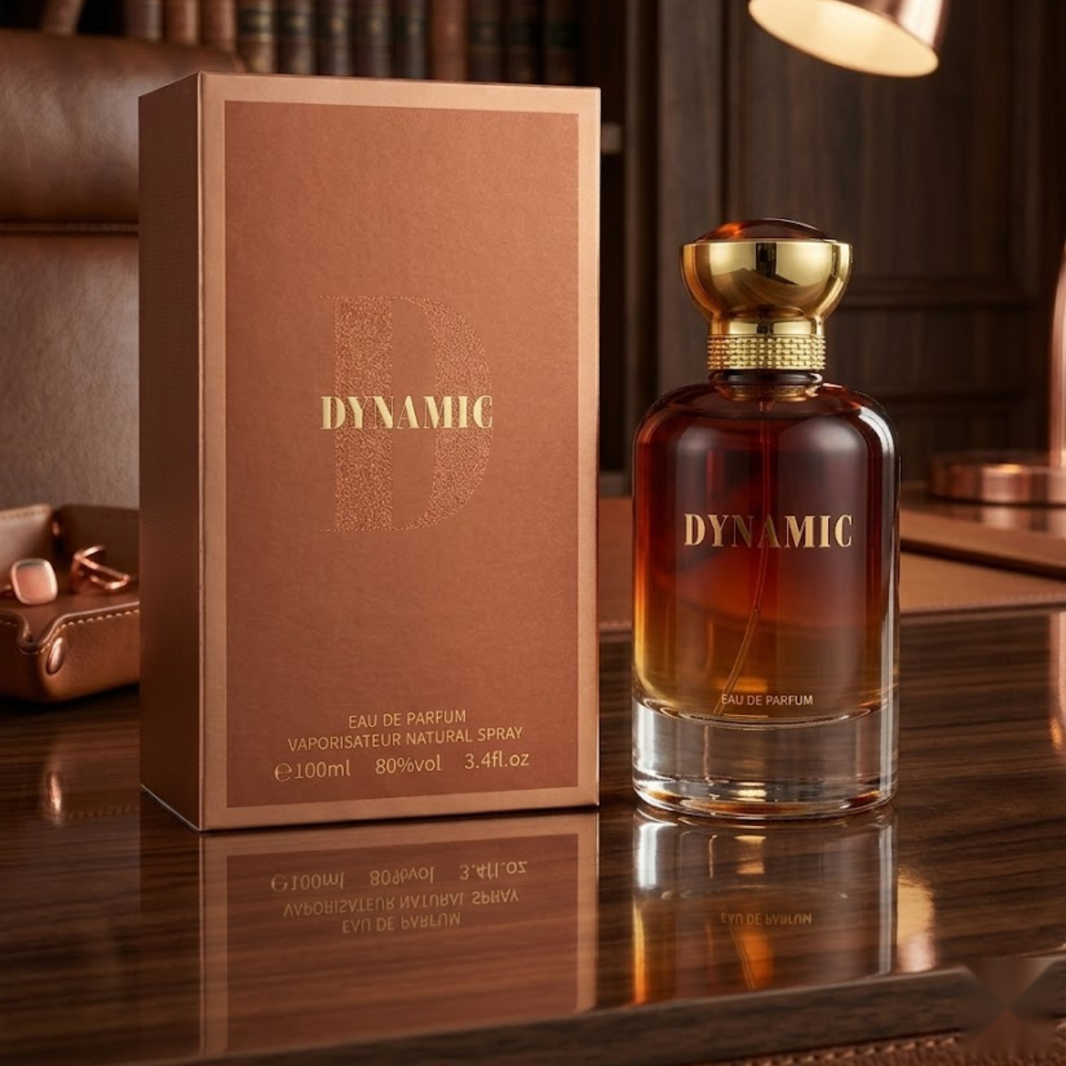 "Bharara Beauty Dynamic EDP Spray 3.4oz / 100ml for Men brown perfume bottle and branded box."