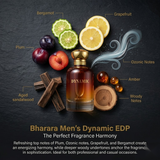 "Bharara Beauty Dynamic perfume bottle surrounded by citrus fruits and fragrance ingredients."