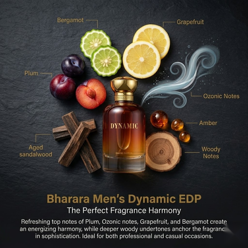 "Bharara Beauty Dynamic perfume bottle surrounded by citrus fruits and fragrance ingredients."