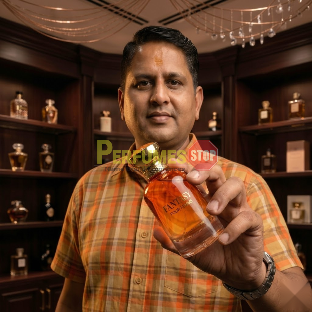 "Perfumes Stop owner holding a bottle of Bharara Beauty Fantasy Pour Femme EDP Spray 3.4oz / 100ml."