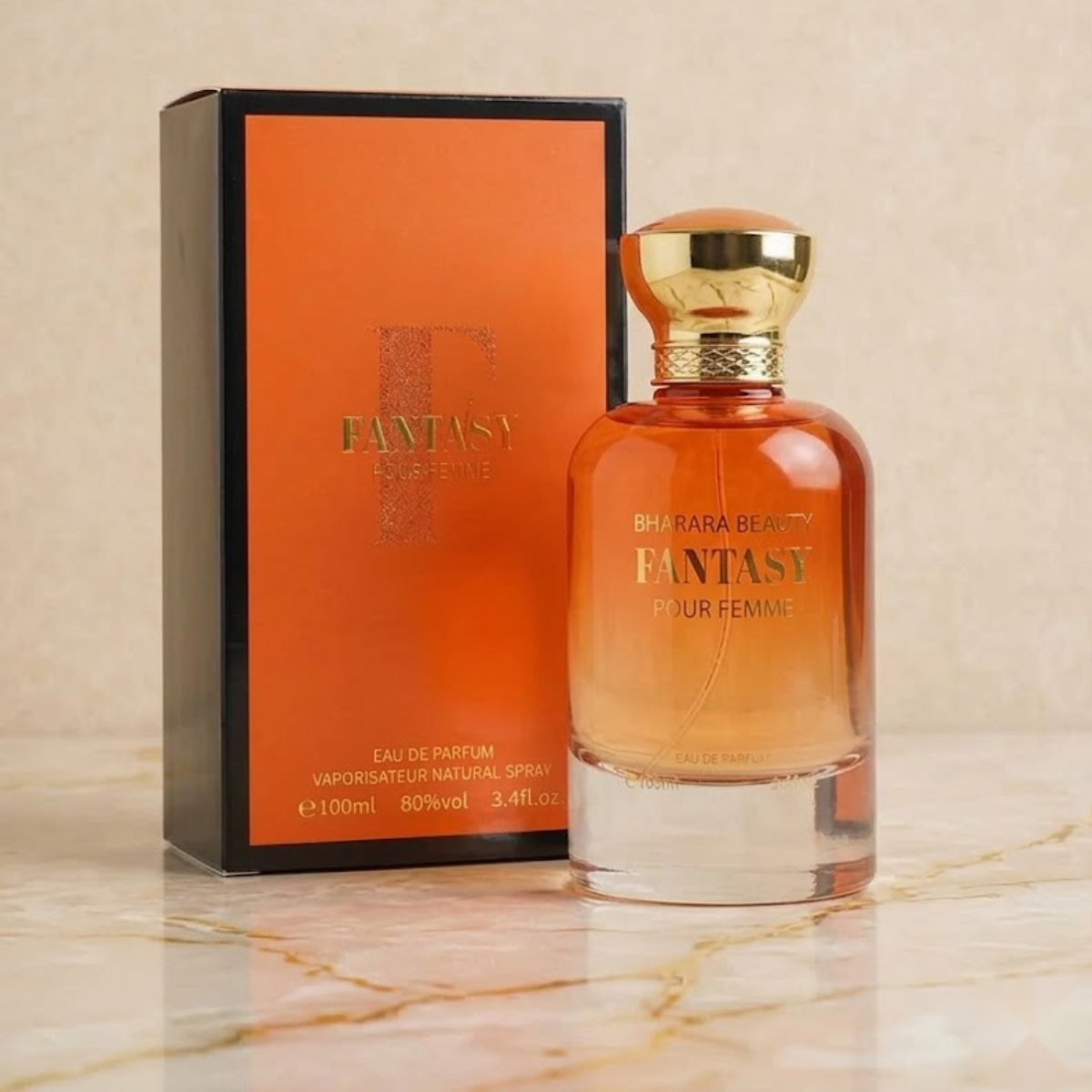 Bharara Beauty Fantasy Pour Femme EDP Spray 3.4oz / 100ml orange perfume bottle and matching branded box."
