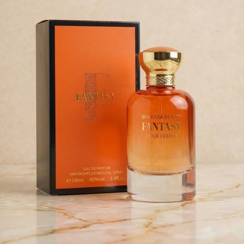 Bharara Beauty Fantasy Pour Femme EDP Spray 3.4oz / 100ml orange perfume bottle and matching branded box."