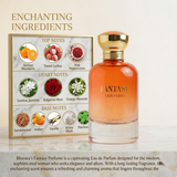 Bharara Beauty Fantasy Pour Femme perfume bottle surrounded by citrus fruits, flowers and fragrance ingredients."