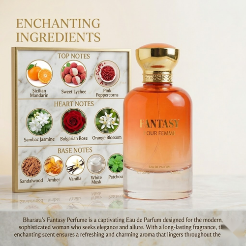 Bharara Beauty Fantasy Pour Femme perfume bottle surrounded by citrus fruits, flowers and fragrance ingredients."