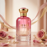 "Bharara Beauty Grace Pour Femme EDP Spray 3.4oz / 100ml pink perfume bottle displayed among pink flowers."
