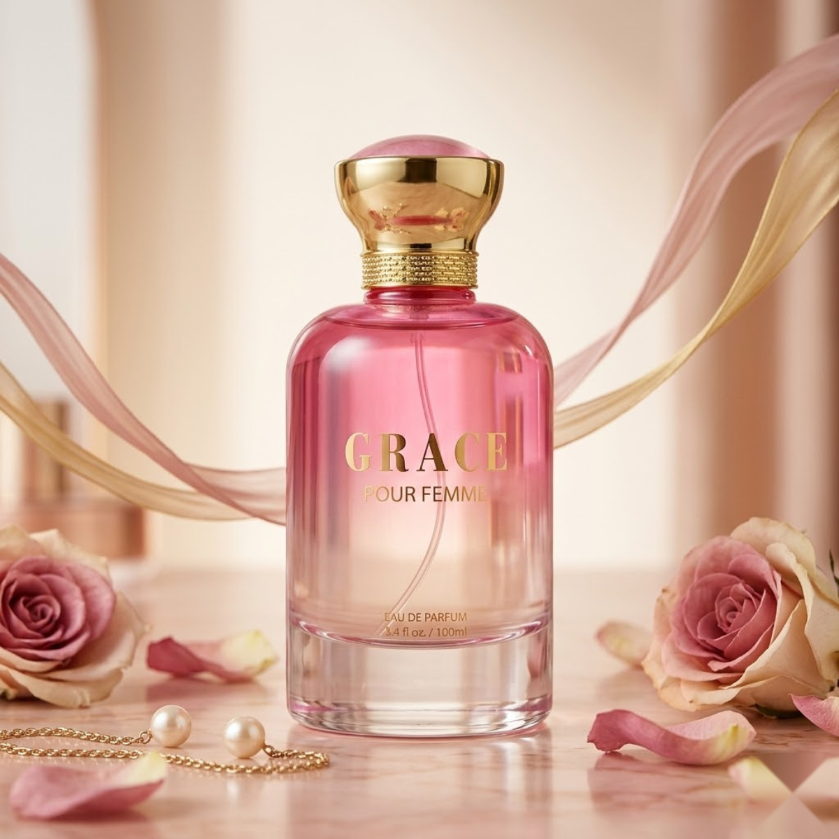"Bharara Beauty Grace Pour Femme EDP Spray 3.4oz / 100ml pink perfume bottle displayed among pink flowers."