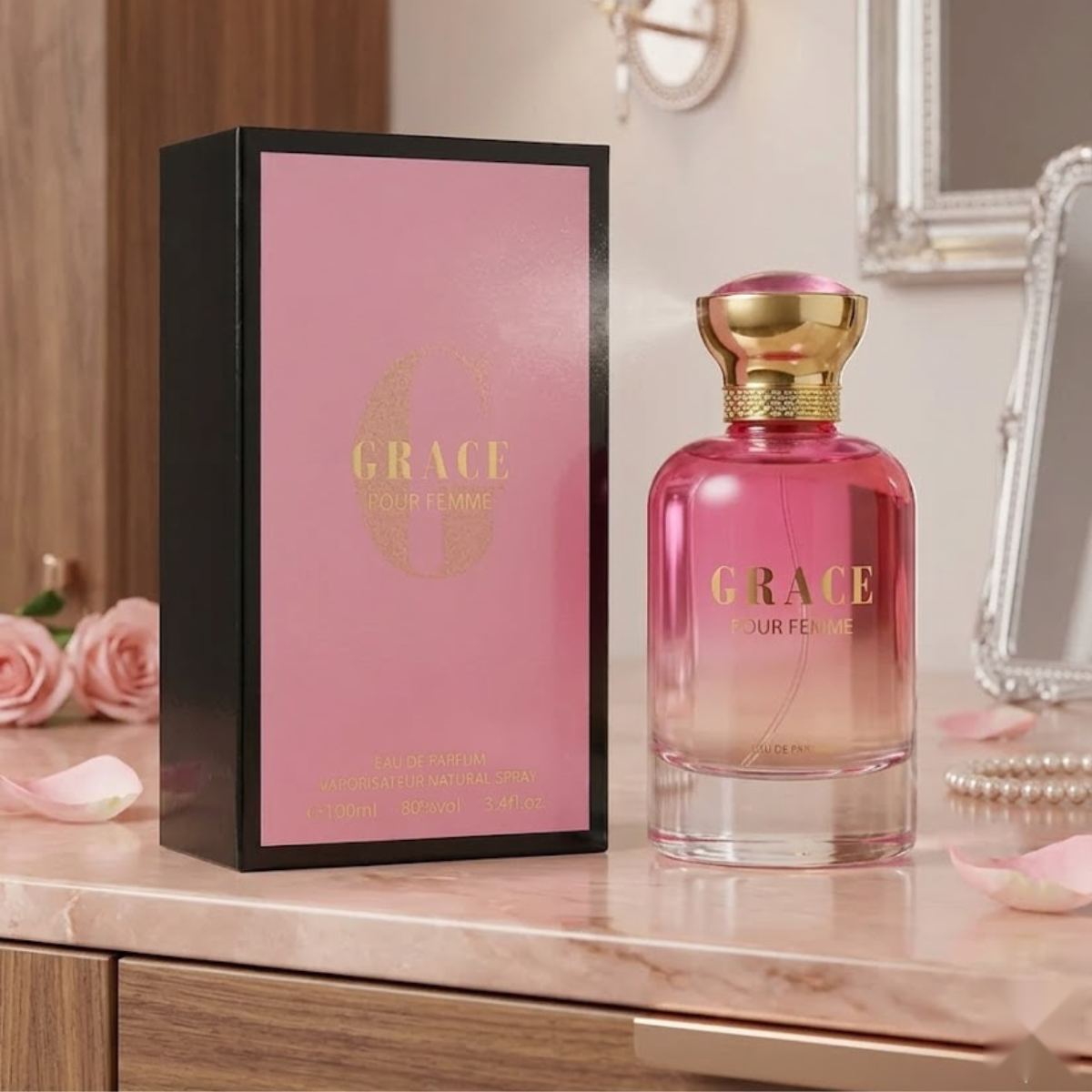 "Bharara Beauty Grace Pour Femme EDP Spray 3.4oz / 100ml pink perfume bottle and matching branded box."