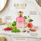 "Bharara Beauty Grace Pour Femme perfume bottle surrounded by flowers and fragrance ingredients."