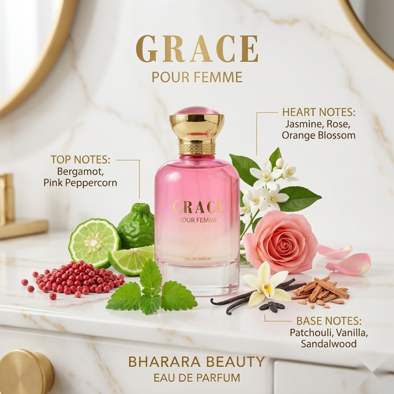 "Bharara Beauty Grace Pour Femme perfume bottle surrounded by flowers and fragrance ingredients."