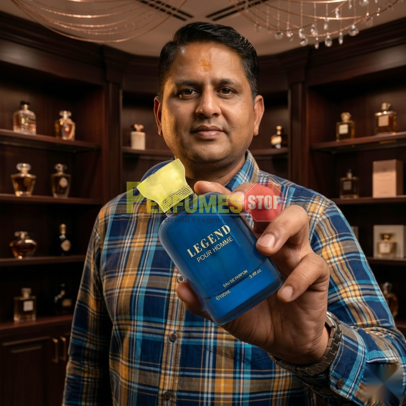 "Perfumes Stop owner holding a bottle of Bharara Beauty Legend Pour Homme EDP Spray 3.4oz / 100ml."
