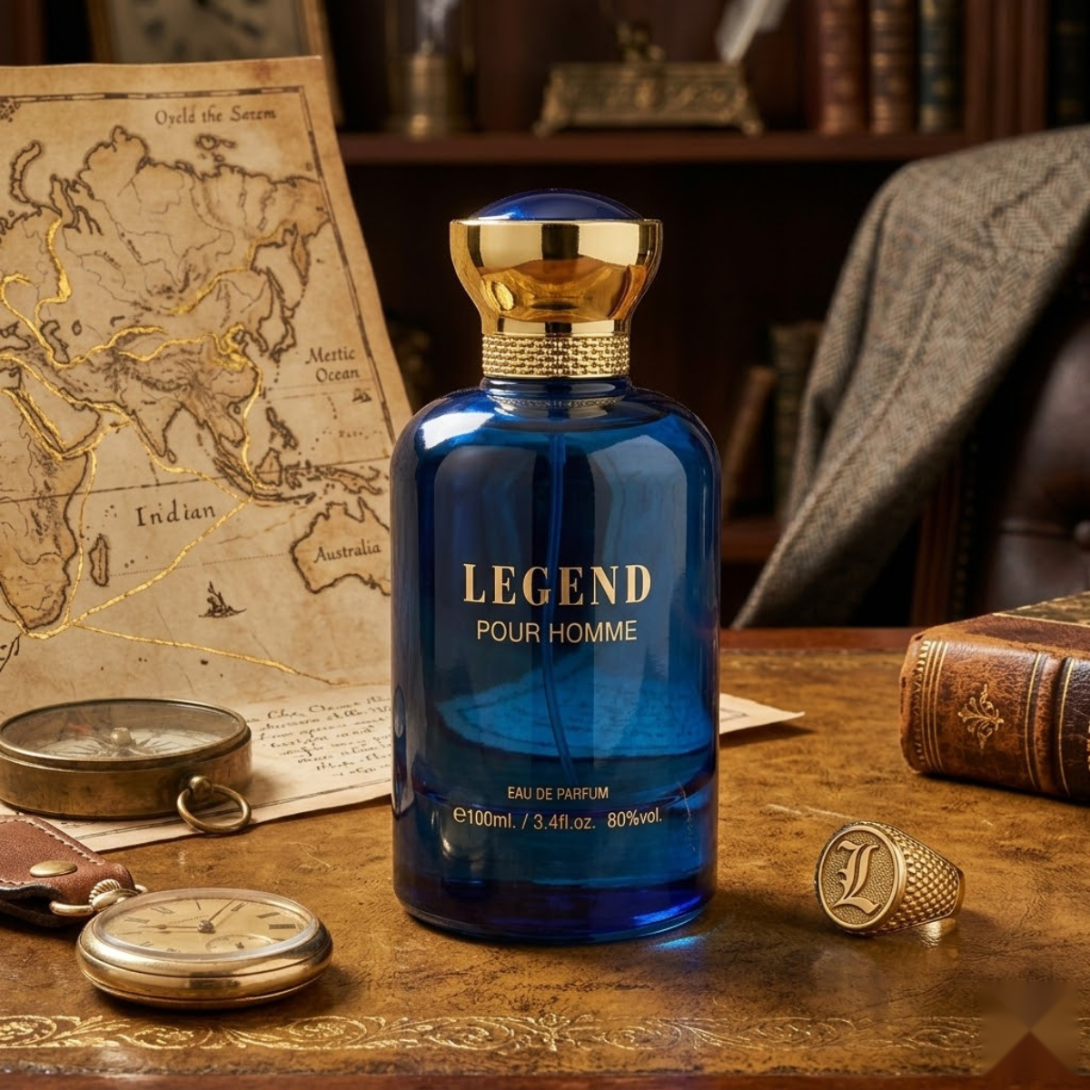 "Bharara Beauty Legend Pour Homme EDP Spray 3.4oz / 100ml blue perfume bottle displayed with a decorative background."