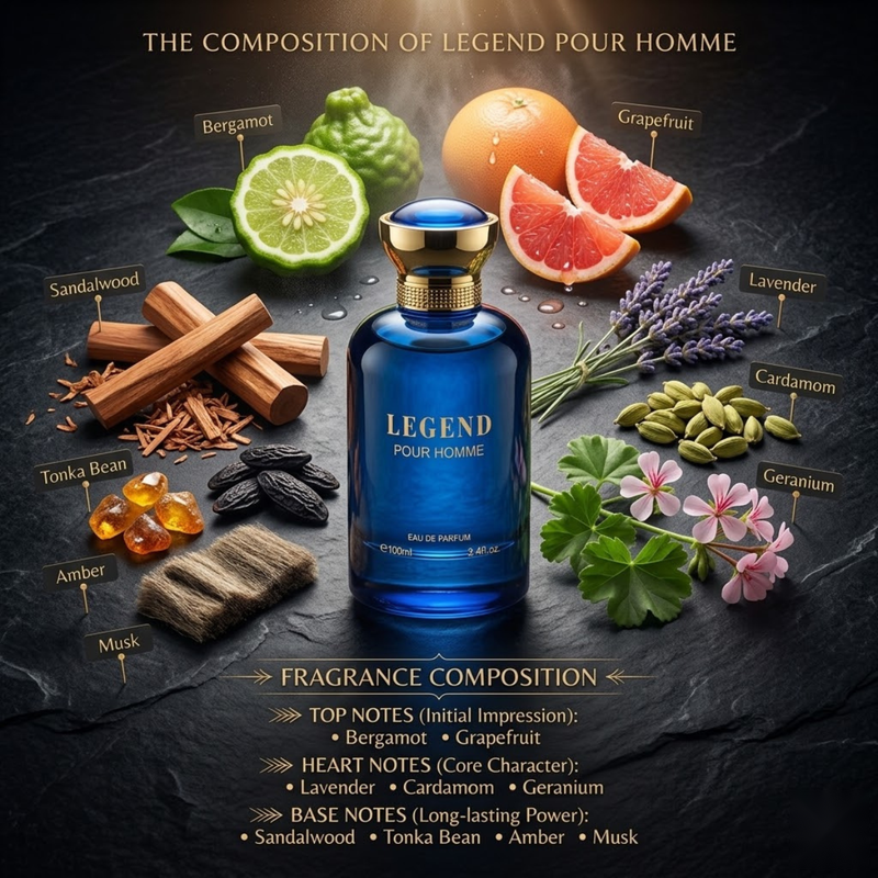 "Bharara Beauty Legend Pour Homme perfume bottle surrounded by citrus fruits, spices and fragrance ingredients."