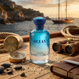 "Bharara Beauty Ocean for Men EDP Spray 3.4oz / 100ml blue perfume bottle displayed on a wooden table with ocean-themed accessories."