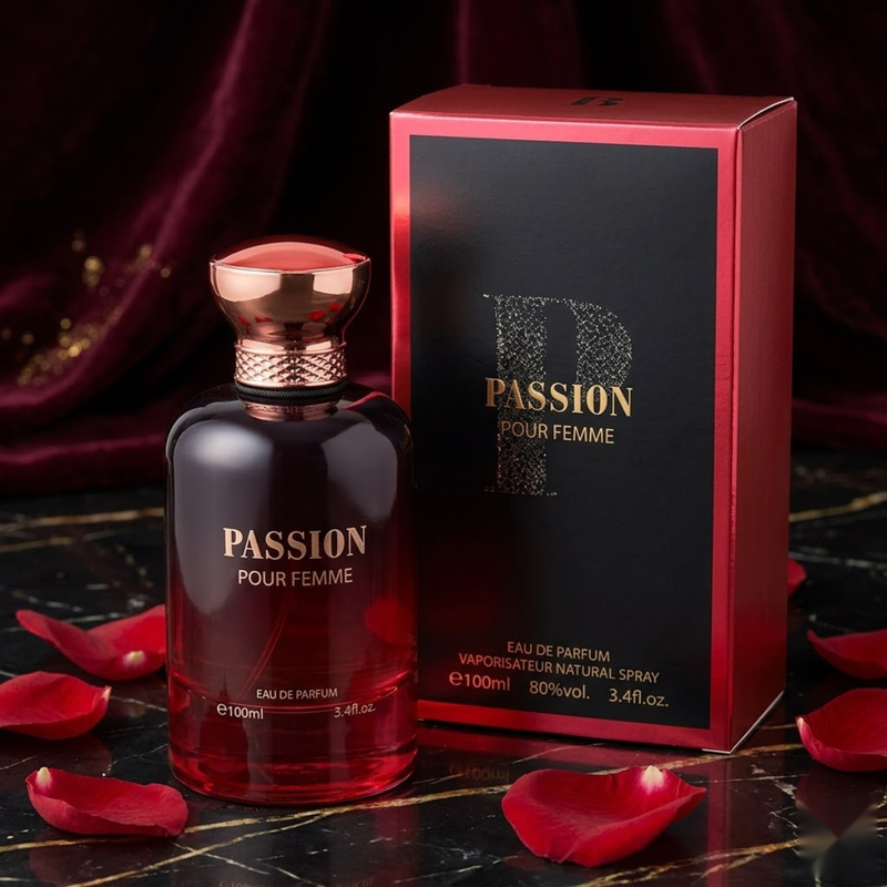 "Bharara Beauty Passion Pour Femme EDP Spray 3.4oz / 100ml red perfume bottle and matching branded box."