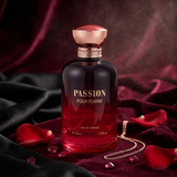 "Bharara Beauty Passion Pour Femme EDP Spray 3.4oz / 100ml red perfume bottle displayed on red fabric."