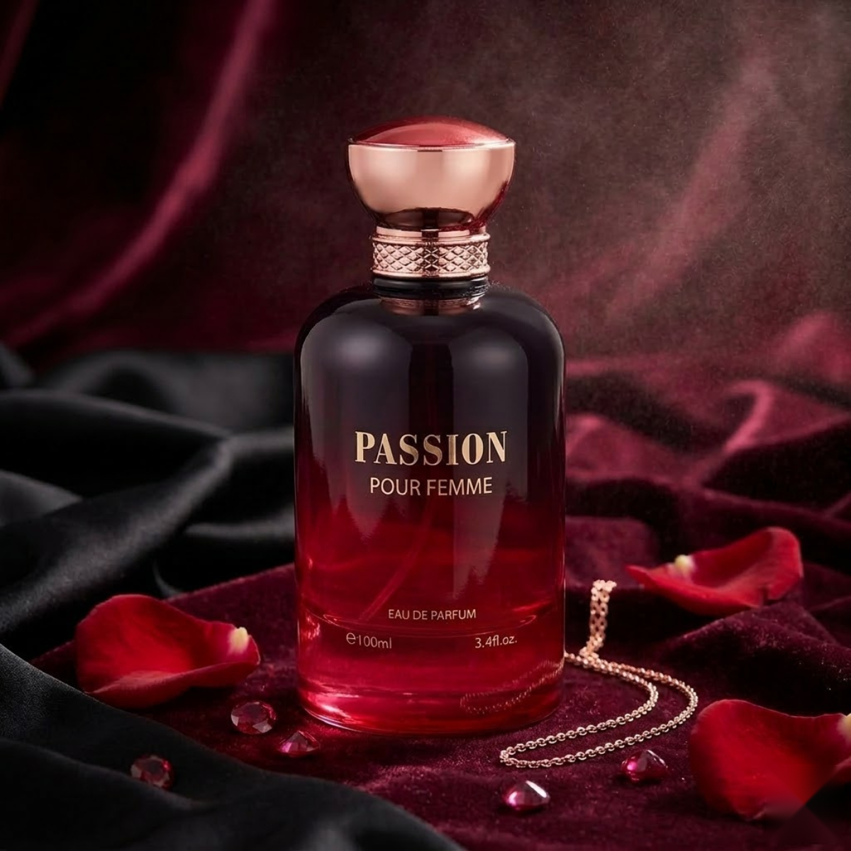 "Bharara Beauty Passion Pour Femme EDP Spray 3.4oz / 100ml red perfume bottle displayed on red fabric."