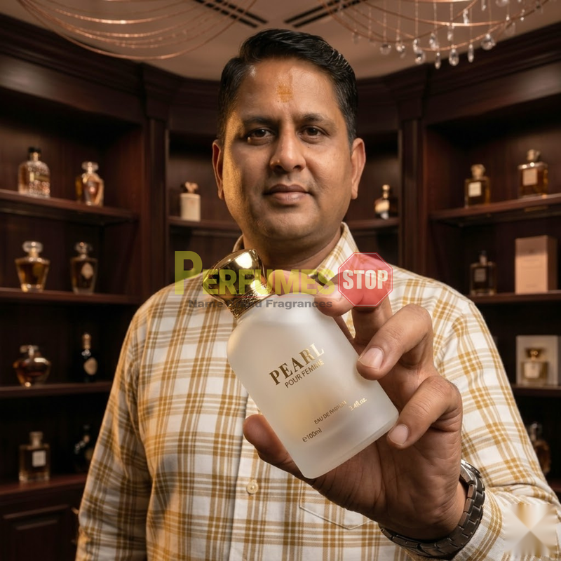"Perfumes Stop owner holding a bottle of Bharara Beauty Pearl Pour Femme EDP Spray 3.4oz / 100ml."