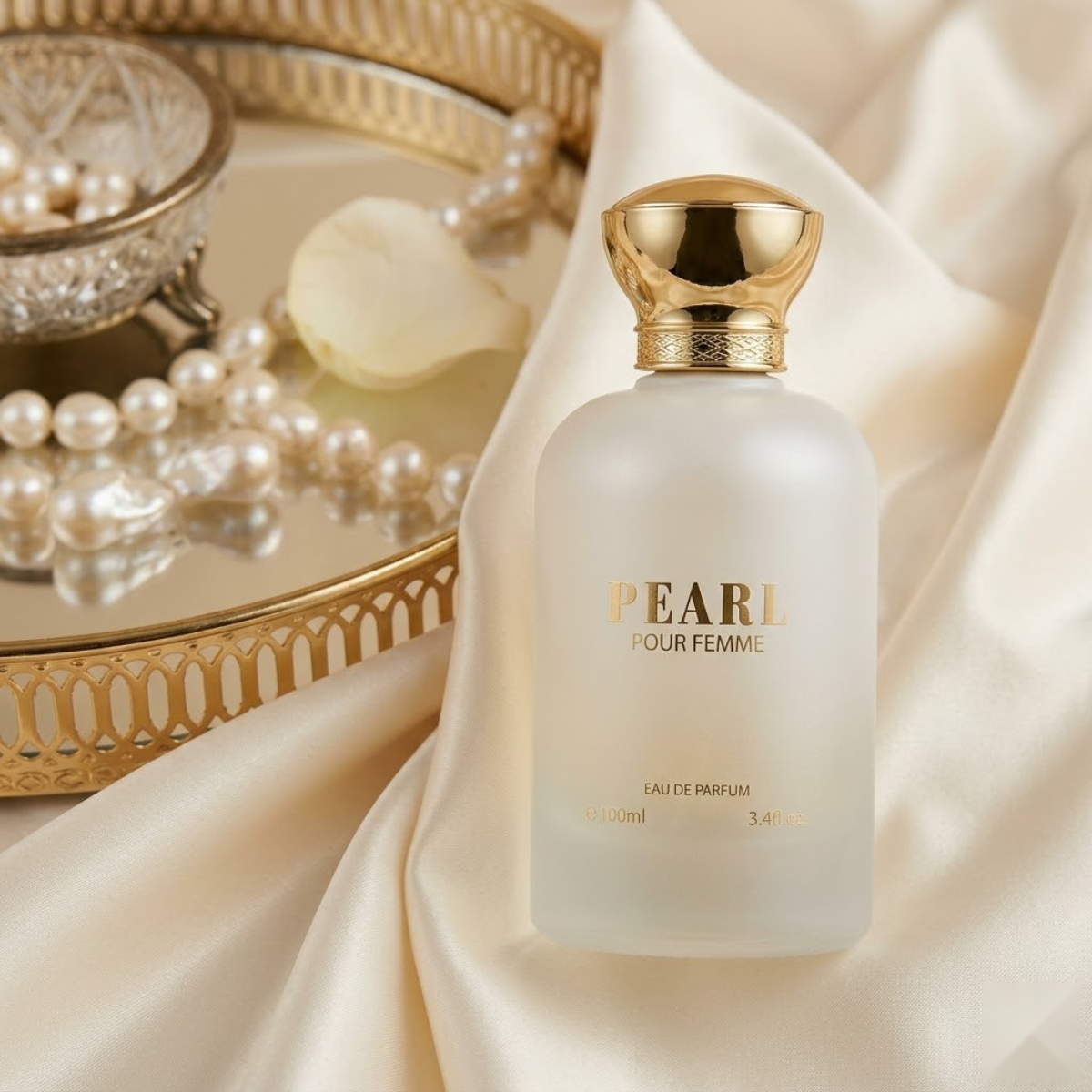 "Bharara Beauty Pearl Pour Femme EDP Spray 3.4oz / 100ml white perfume bottle displayed with pearls and white flowers."
