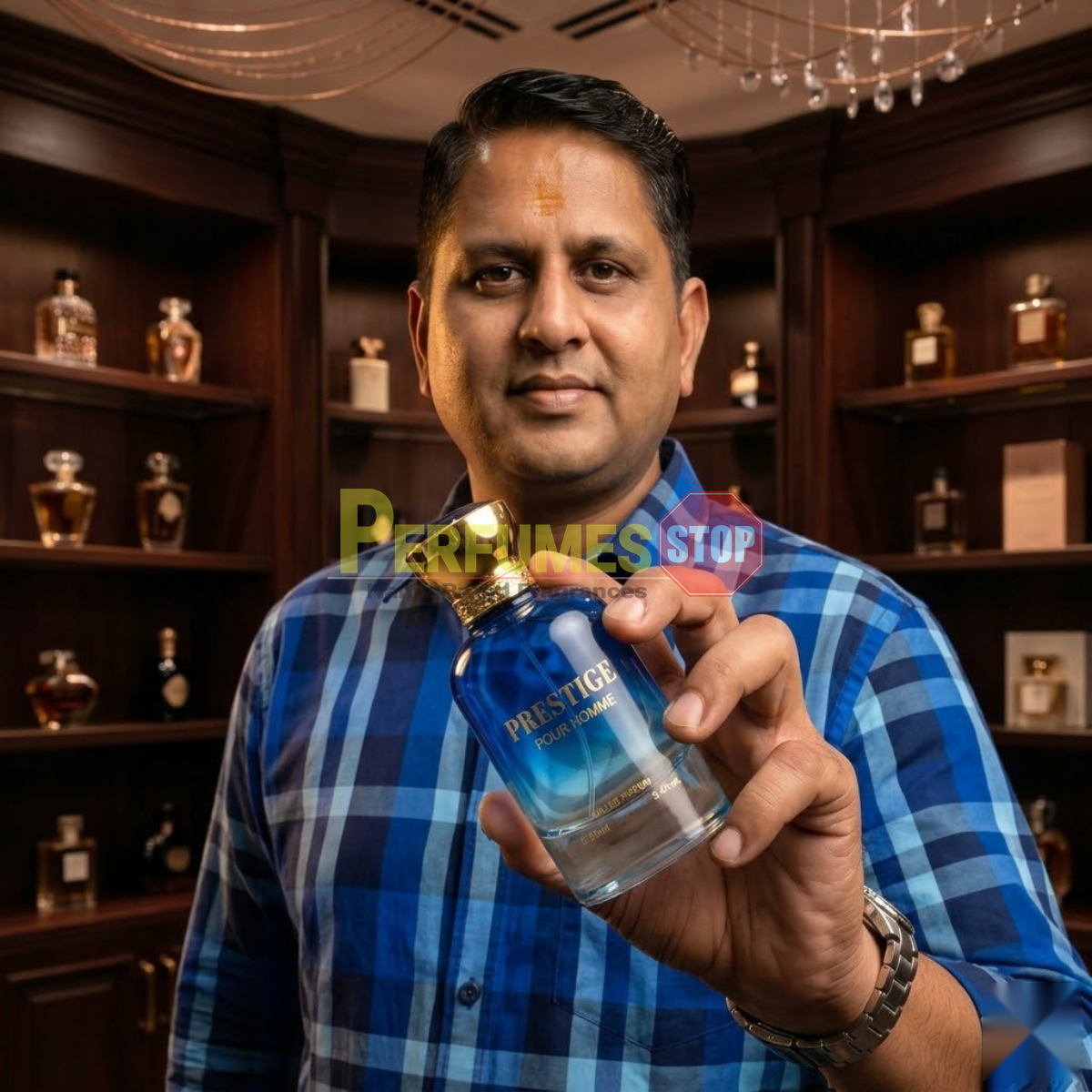 "Perfumes Stop owner holding a bottle of Bharara Beauty Prestige Pour Homme EDP Spray 3.4oz / 100ml."
