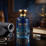 "Bharara Beauty Prestige Pour Homme EDP Spray 3.4oz / 100ml blue perfume bottle displayed against a dark blue background."