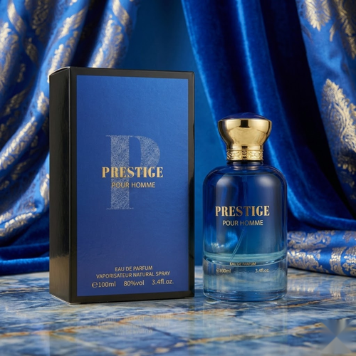 "Bharara Beauty Prestige Pour Homme EDP Spray 3.4oz / 100ml blue perfume bottle and matching branded box."
