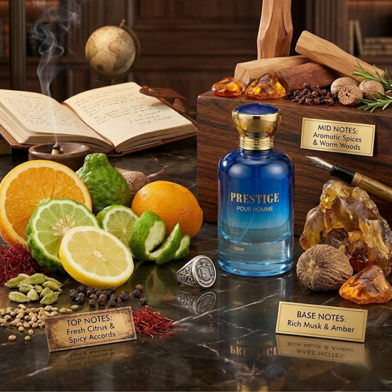 "Bharara Beauty Prestige Pour Homme perfume bottle surrounded by citrus fruits and fragrance ingredients."