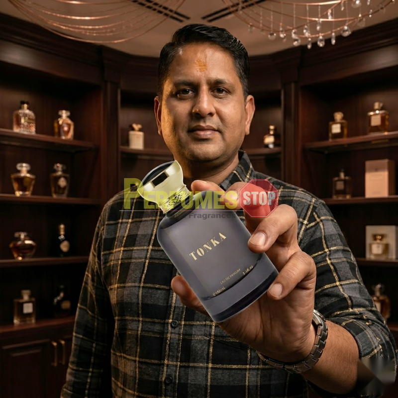 "Perfumes Stop owner holding a bottle of Bharara Beauty Tonka for Men EDP Spray 3.4oz / 100ml."